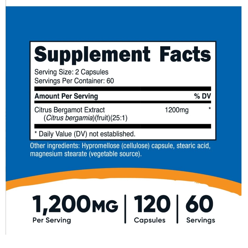 Suplemento Nutricost Citrus Bergamot 1.2 G 120 Cápsulas Sin Sabor