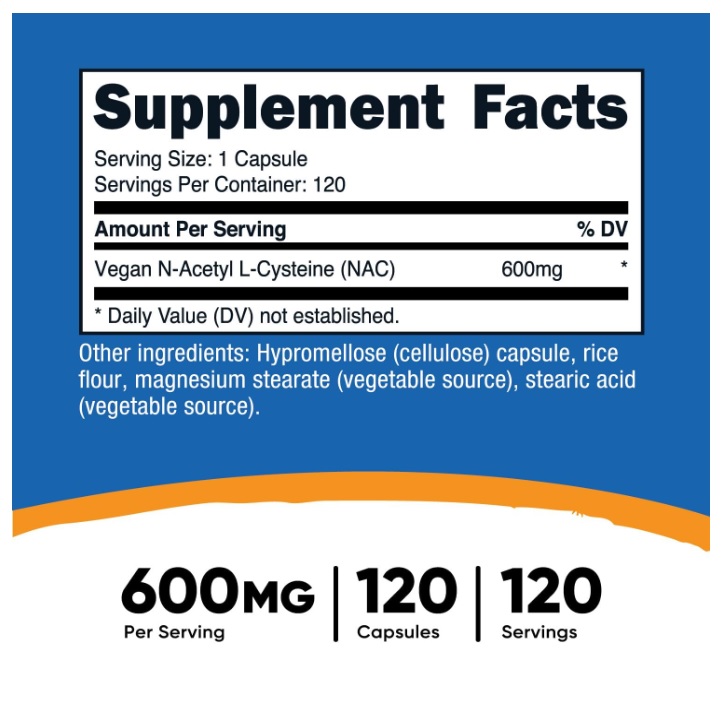 Nutricost N-acetil L-cisteína (nac) 600 Mg, 120 Cápsulas Sin Sabor