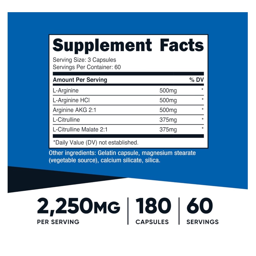 Nutricost Nitric Oxide Booster 180 Cápsulas - 2250mg Por Servicio Con L-arginina Hci L-citrulina Arginina Akg L-citrulina Malato 2:1 Sin Sabor