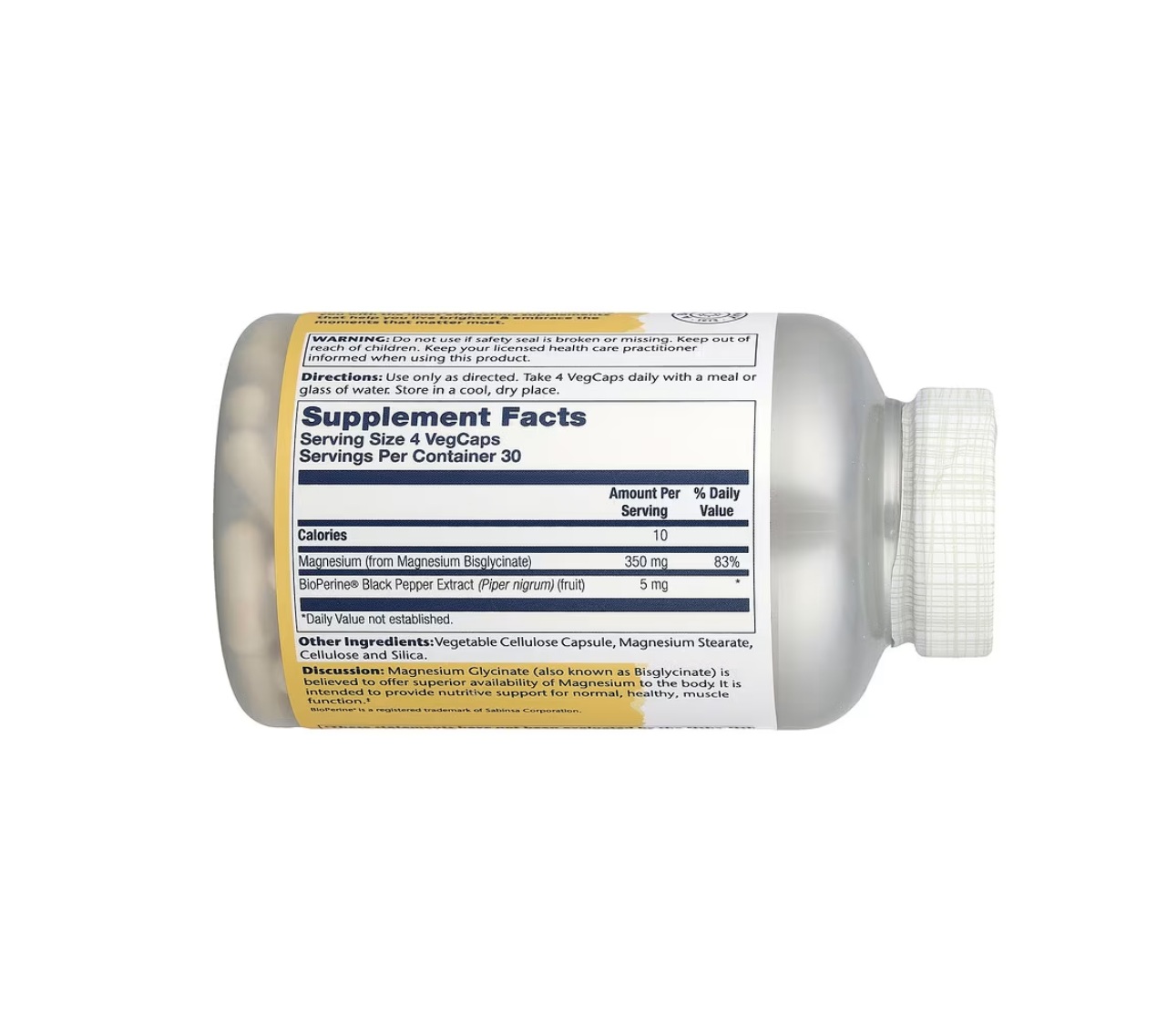 Glicinato De Magnesio 350 Mg 120 Cápsulas Vegetales Solaray