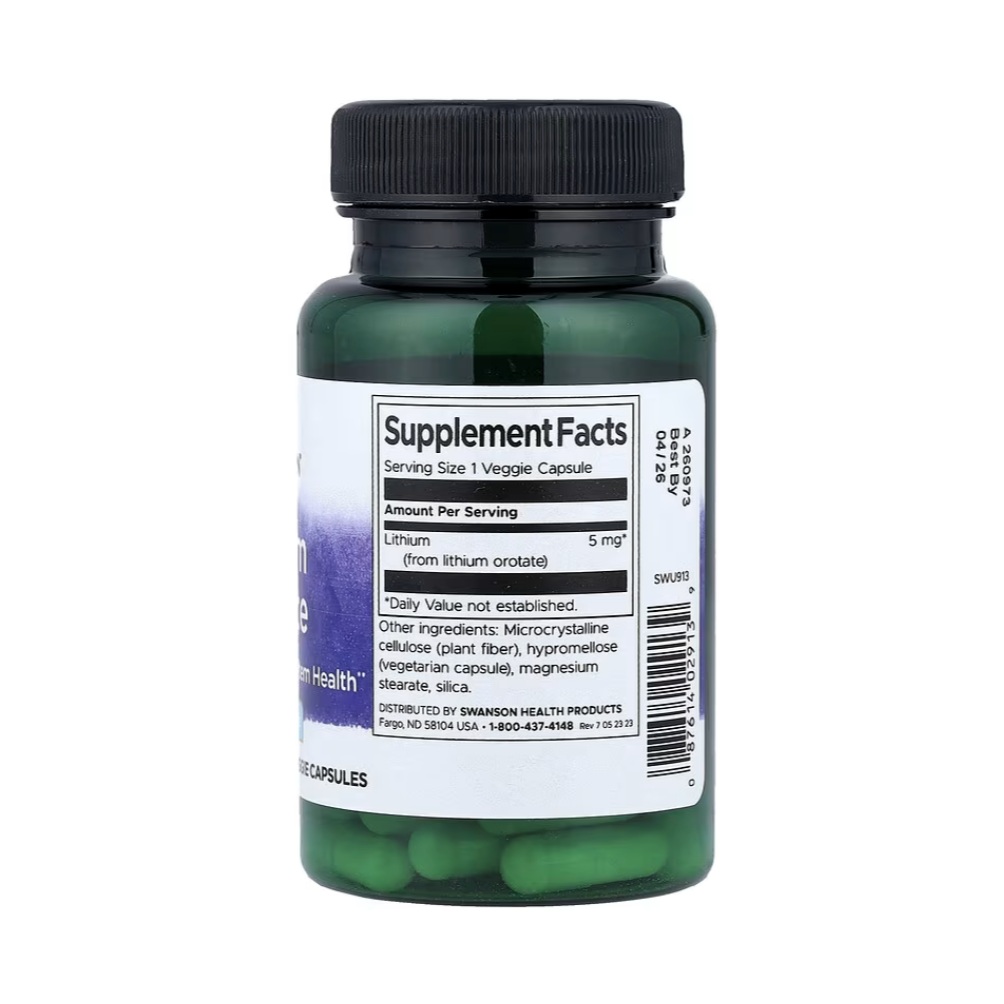Orotato De Litio 5mg 60 Cápsulas Swanson Apoyo Cerebro Sin Sabor