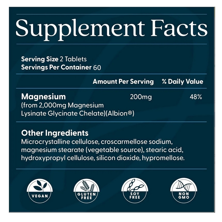 Doctors Best Magnesio Glicinato Lisinato 200mg 120 Tabletas Alta Absorción Sin Sabor