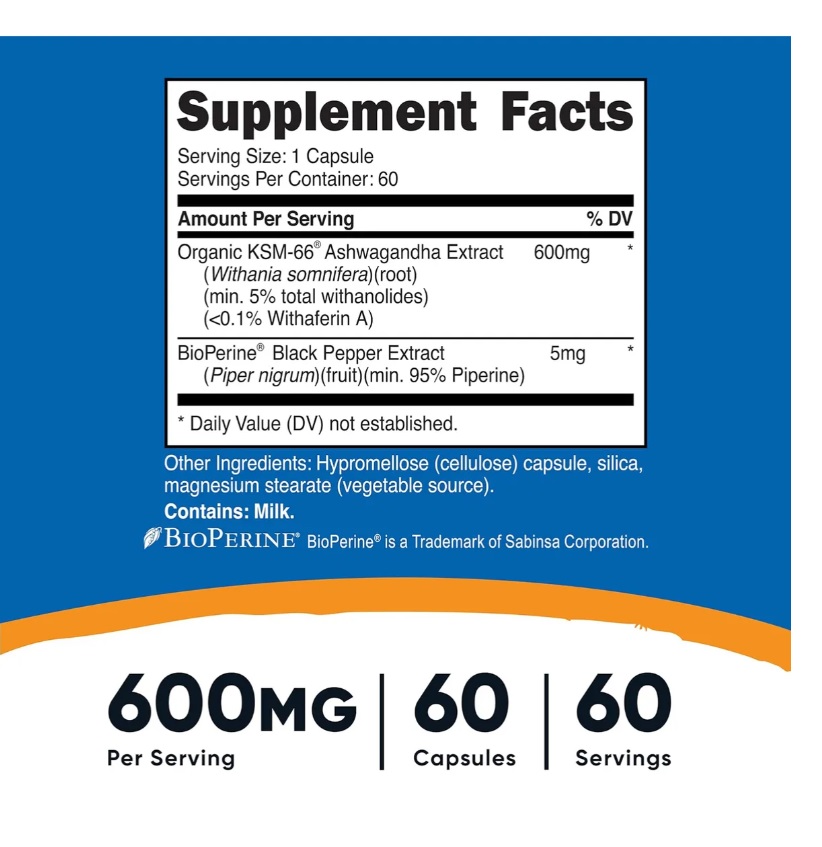Nutricost Ksm-66 Extracto De Raíz De Ashwagandha 600 Mg 60 Servicios Con Bioperine Extracto Pimienta Negra