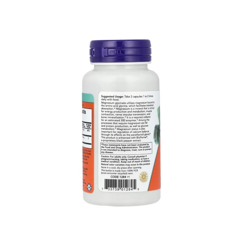 Glicinato De Magnesio De Supplements Now Foods Con Bioperina X 60 Sin Sabor 