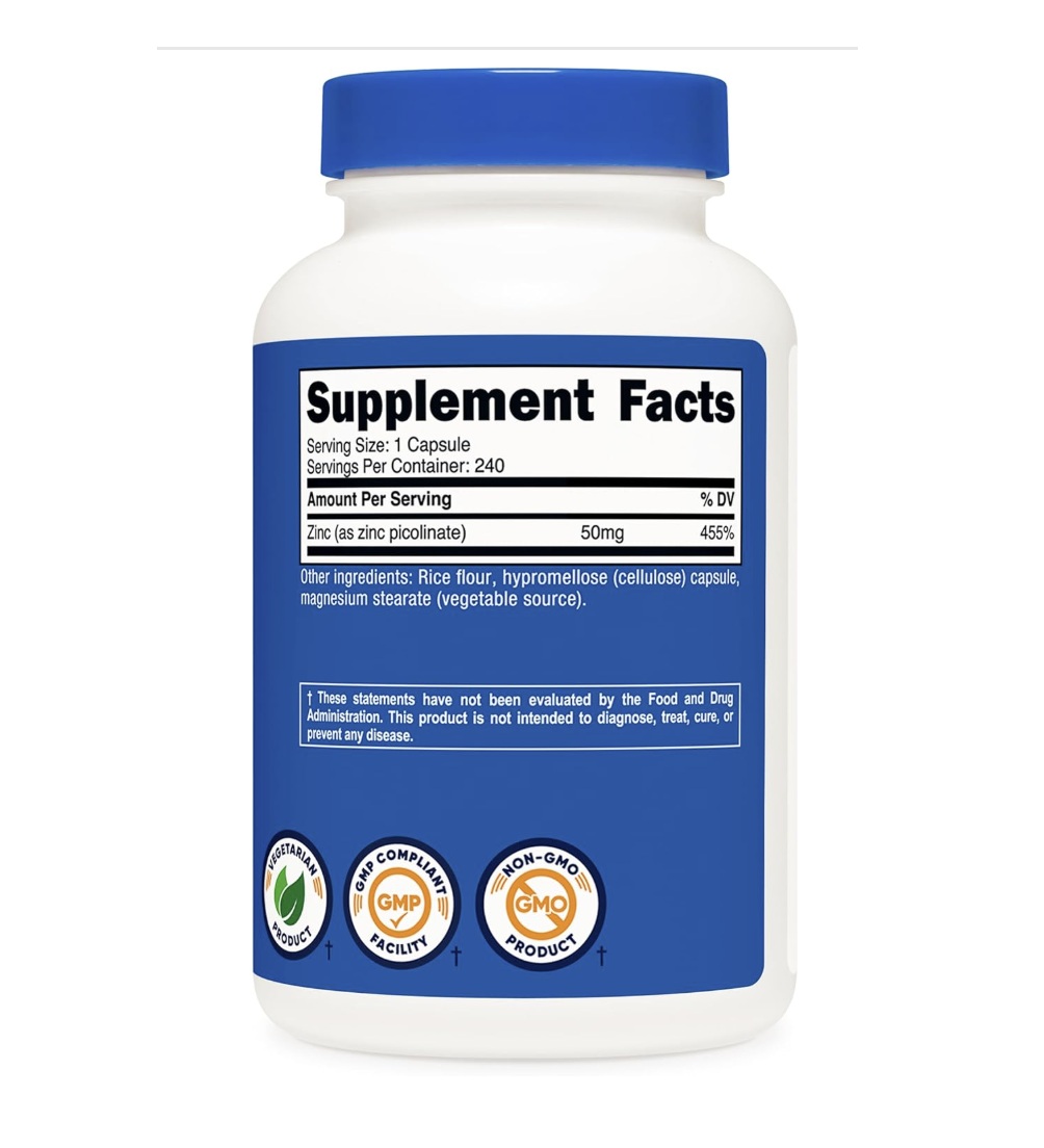 Suplemento De Picolinato De Zinc 50mg 240 Cápsulas Nutricost Sin Sabor