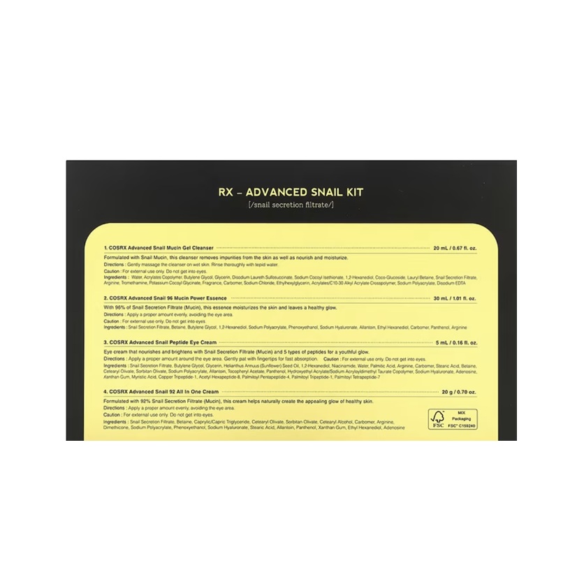 Kit Cosrx Coreano De Baba De Caracol Kit De 4 Unidades