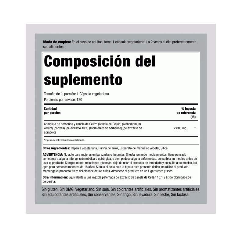 Complejo De Berberina Y Canela De Ceilán 2000 Mg 120 Cápsulas Vegetarianas