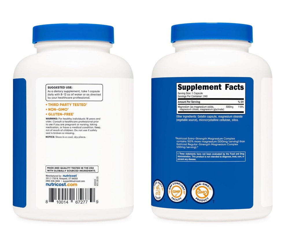 Magnesio Complex Nutricost 500mg 240 Cápsulas Óxido Citrato Y Glicinato De Magnesio