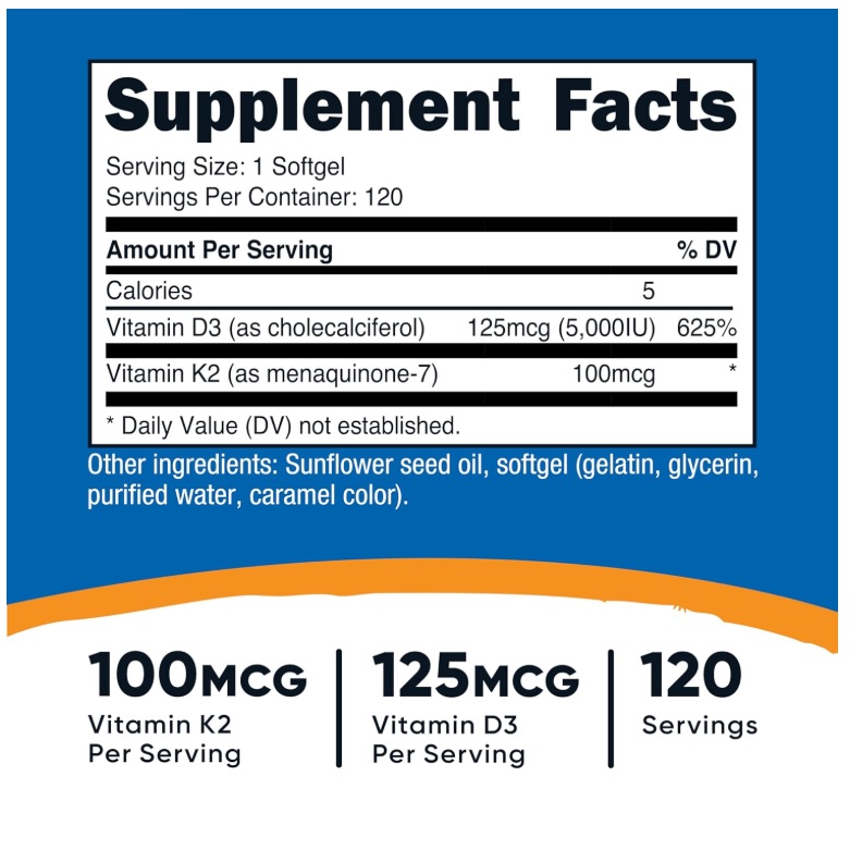 Suplemento Nutricost De Vitamina K2 100mcg + Vitamina D3 125mcg 120 Servicios