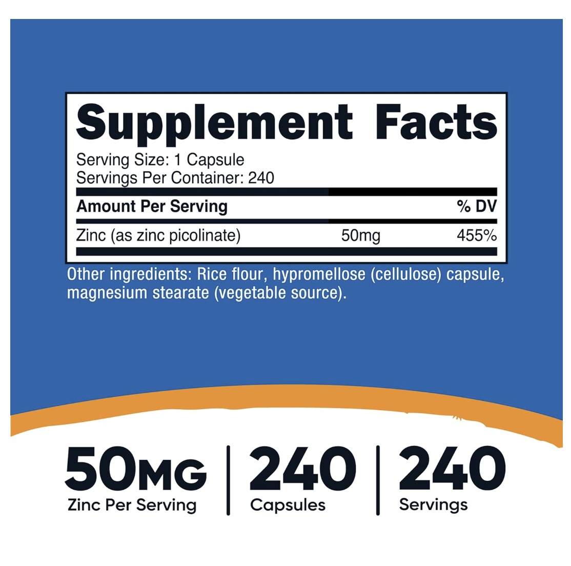 Suplemento De Picolinato De Zinc 50mg 240 Cápsulas Nutricost Sin Sabor