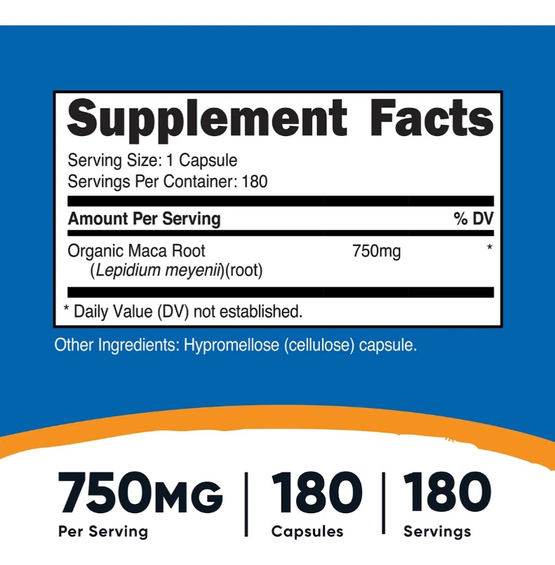 Suplemento Nutricost De Raíz De Maca 750mg 180 Servicios Sin Sabor