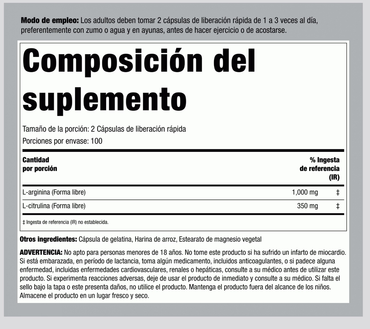 L-arginina 1000 Mg Y Citrulina 350 Mg 200 Cápsulas