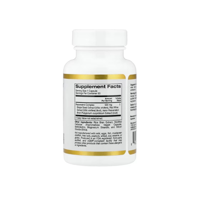 Complejo De Resveratrol Con Extracto De Semilla De Uva Extracto De Vino Tinto Y Trans-resveratrol 500mg 60 Cápsulas 60 Servicios Sin Sabor