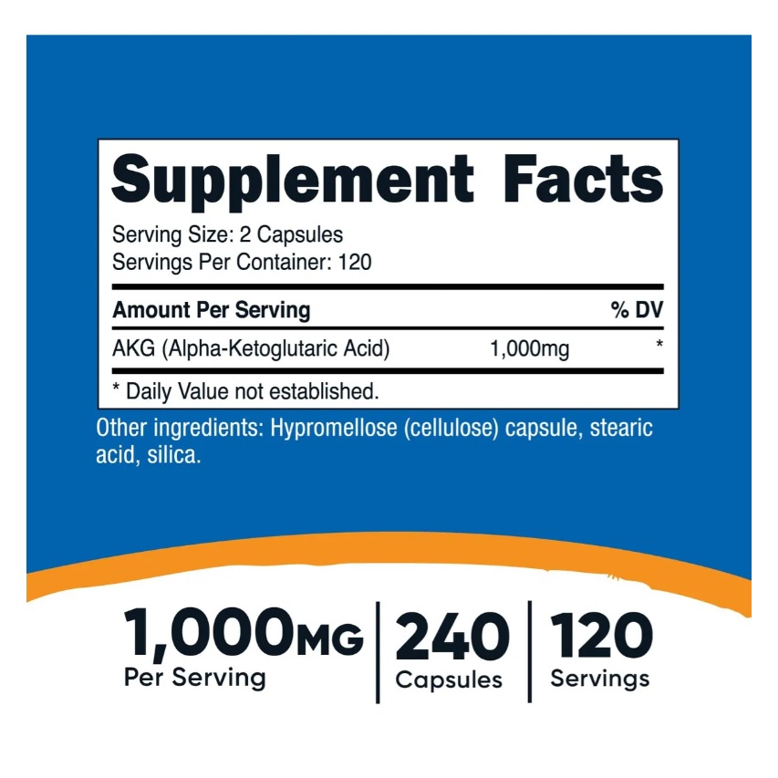 Suplemento Akg Alpha Cetoglutárico De 1,000 Mg 120 Servicios
