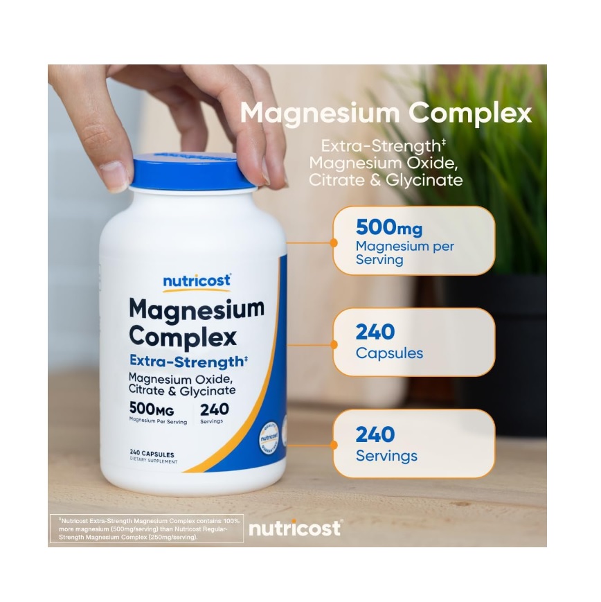 Magnesio Complex Nutricost 500mg 240 Cápsulas Óxido Citrato Y Glicinato De Magnesio