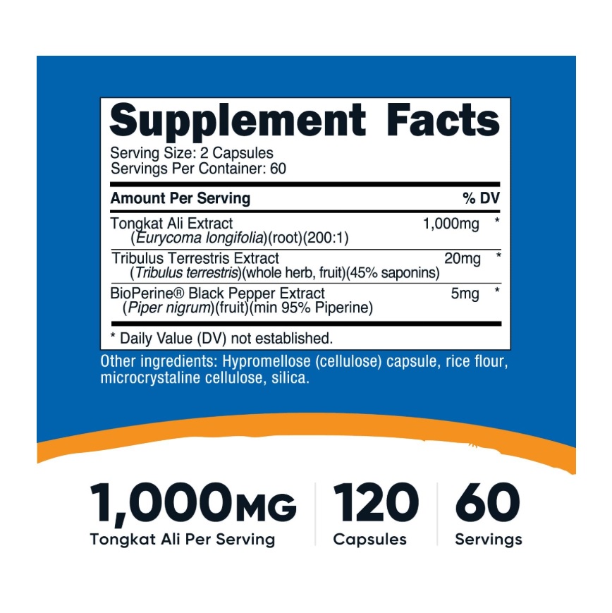 Suplemento Nutricost Tongkat Ali 1000 Mg 120 Cápsulas Sin Sabor