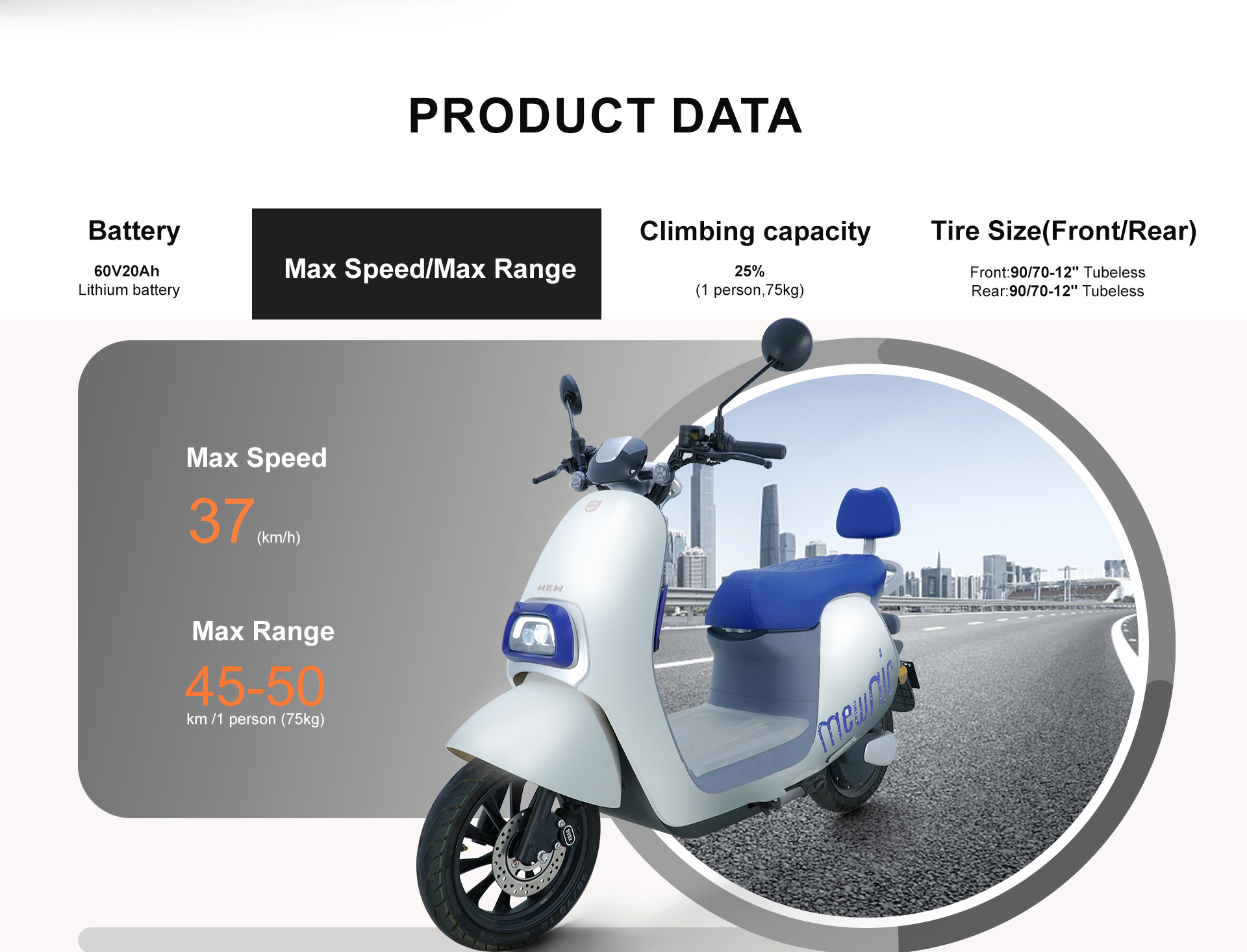 MEW 60V20Ah 1500W 25/45km/h 70Km