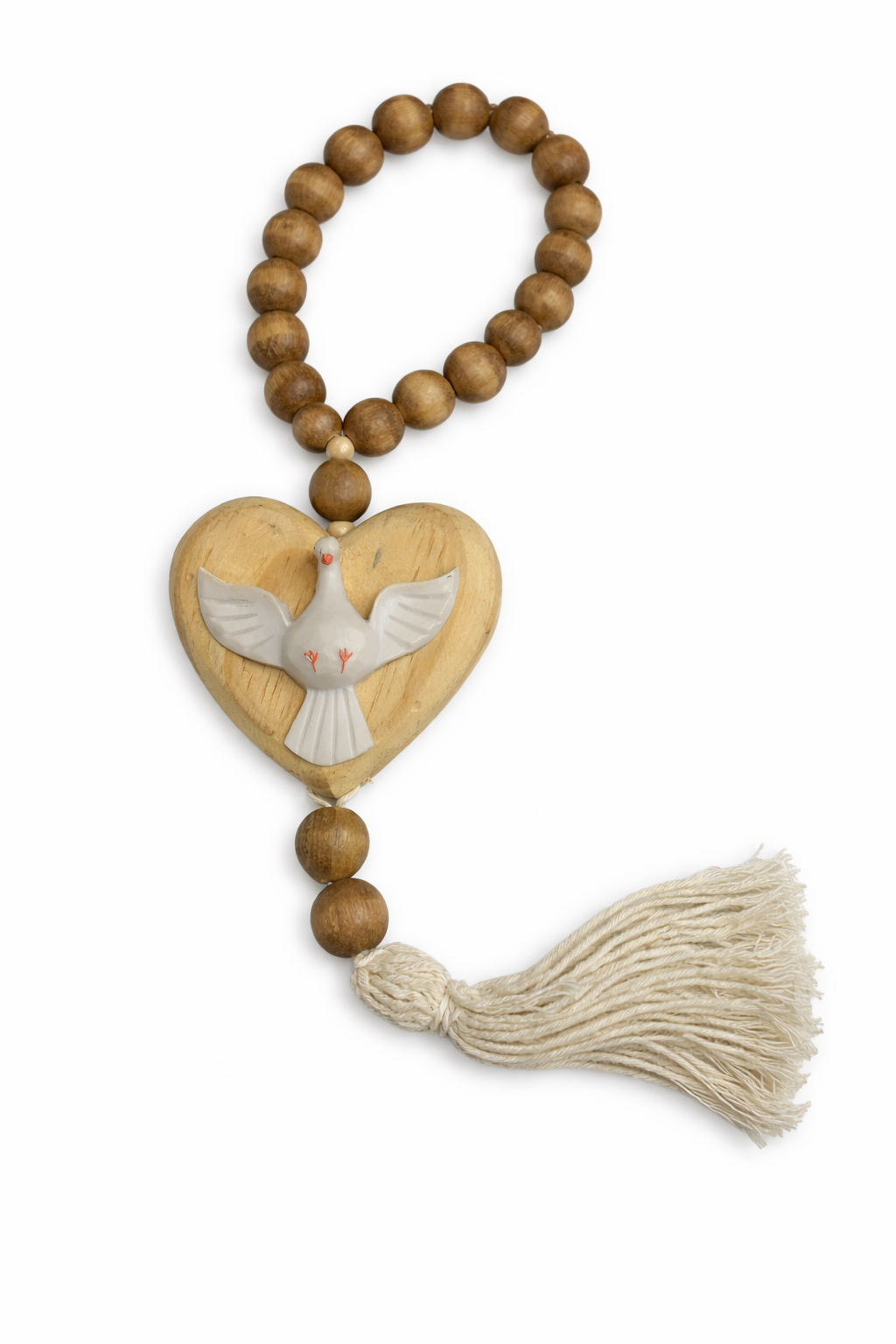 Terço Decorativo de Madeira com Coração e Pomba