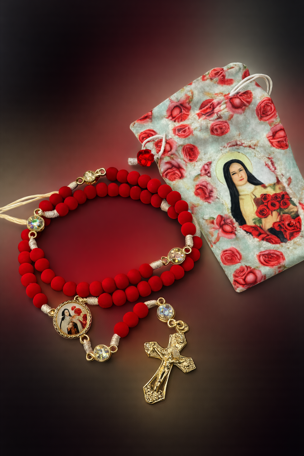 Terço Vermelho com Medalha santa Teresinha