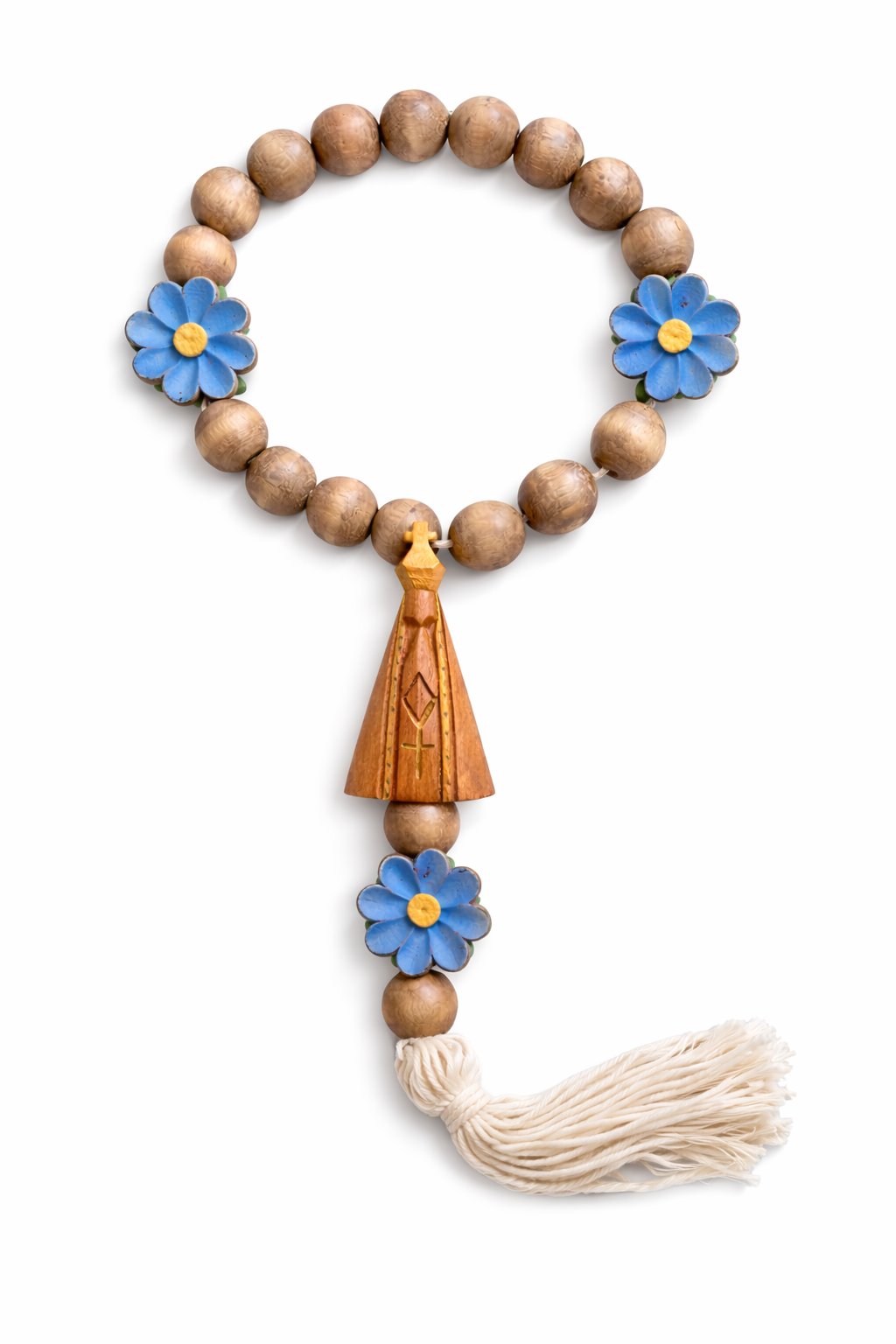 Terço de Madeira com Flores Azuis