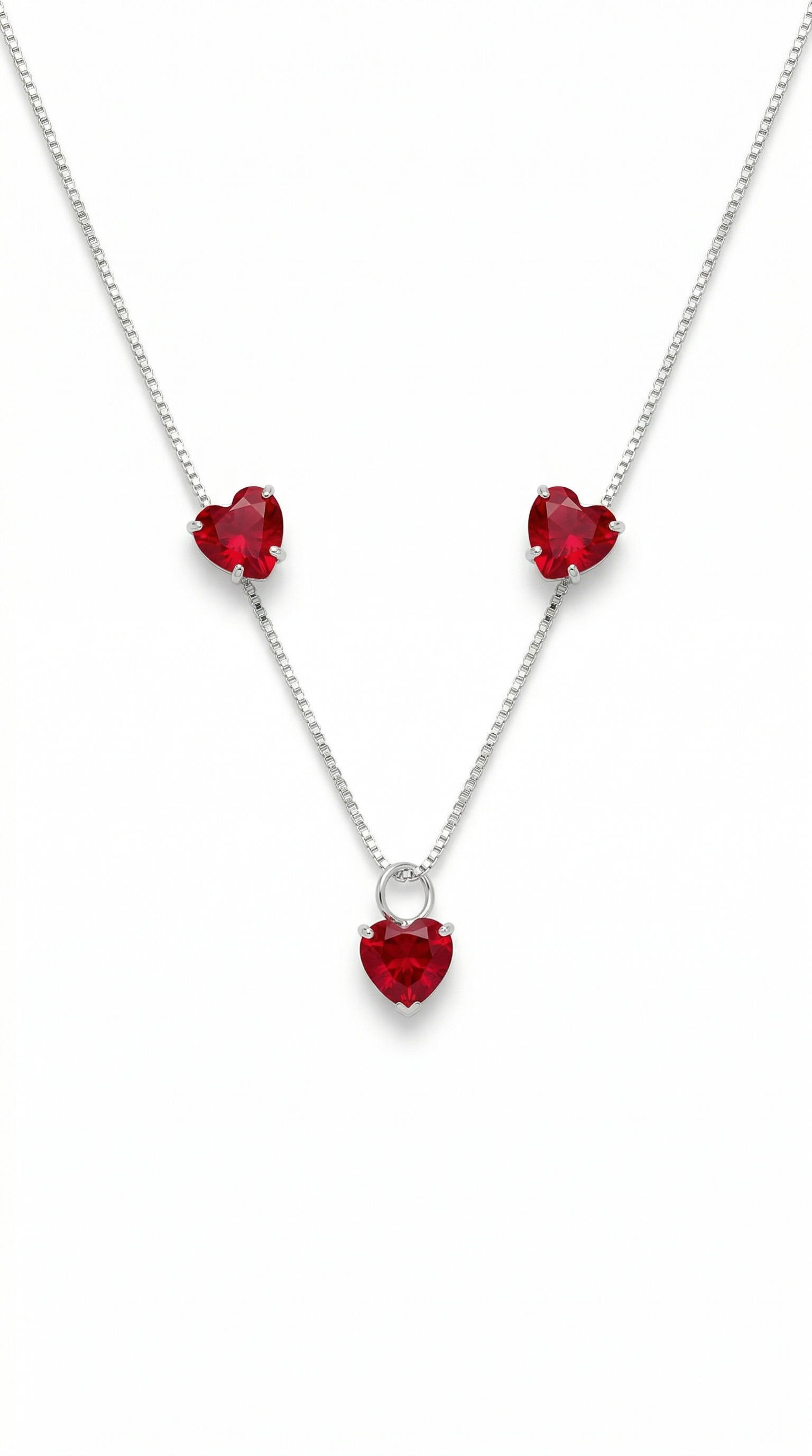 Colar de Prata 925 com Corações Vermelhos zirconia