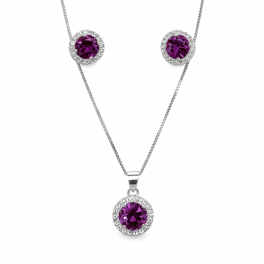 Conjunto Colar e Brincos com Pedra lilas Prata 925