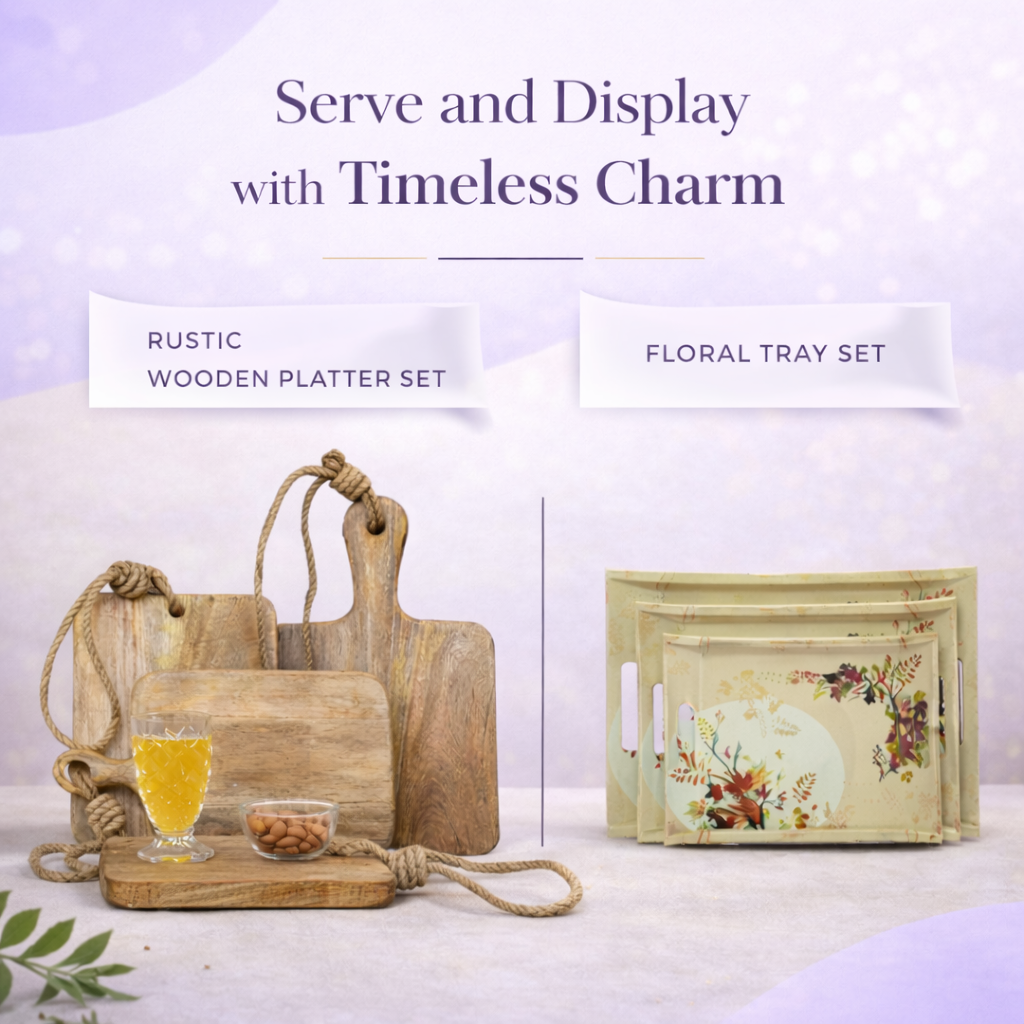Premium Wooden & Floral Serving Combo Set – Complete Hosting Collection