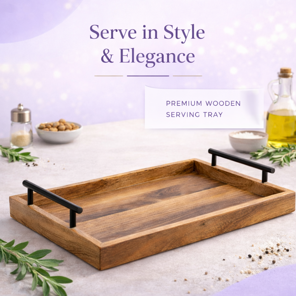 Premium Wooden Serving Tray with Metal Handles – Modern Rustic Platter