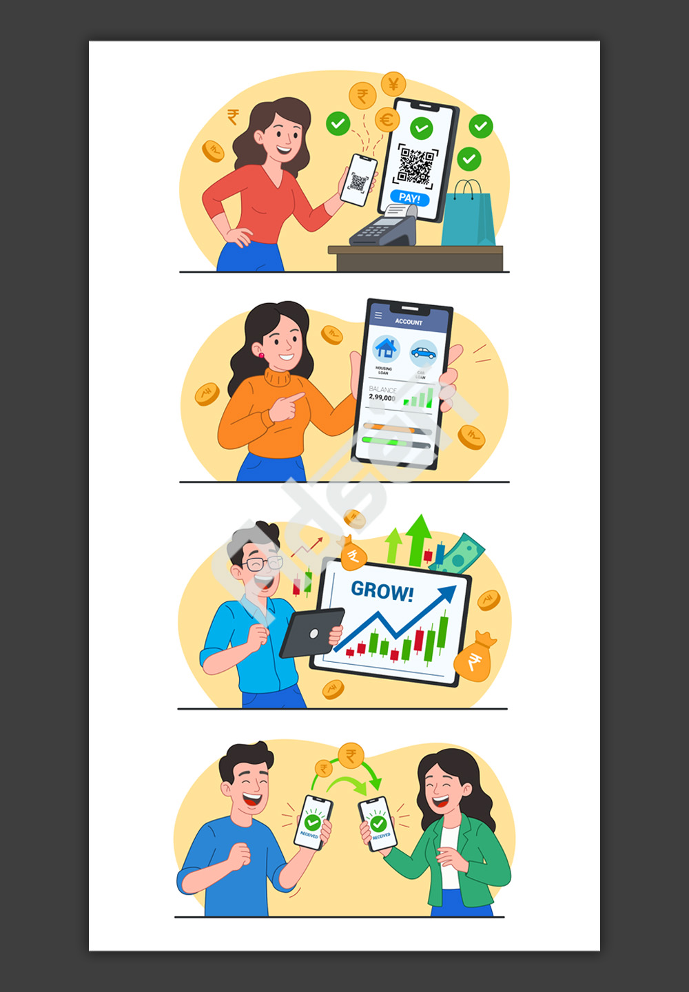 Modern FinTech Character Illustrations – 4 Premium Spot Scenes for Digital Banking & Finance UI
