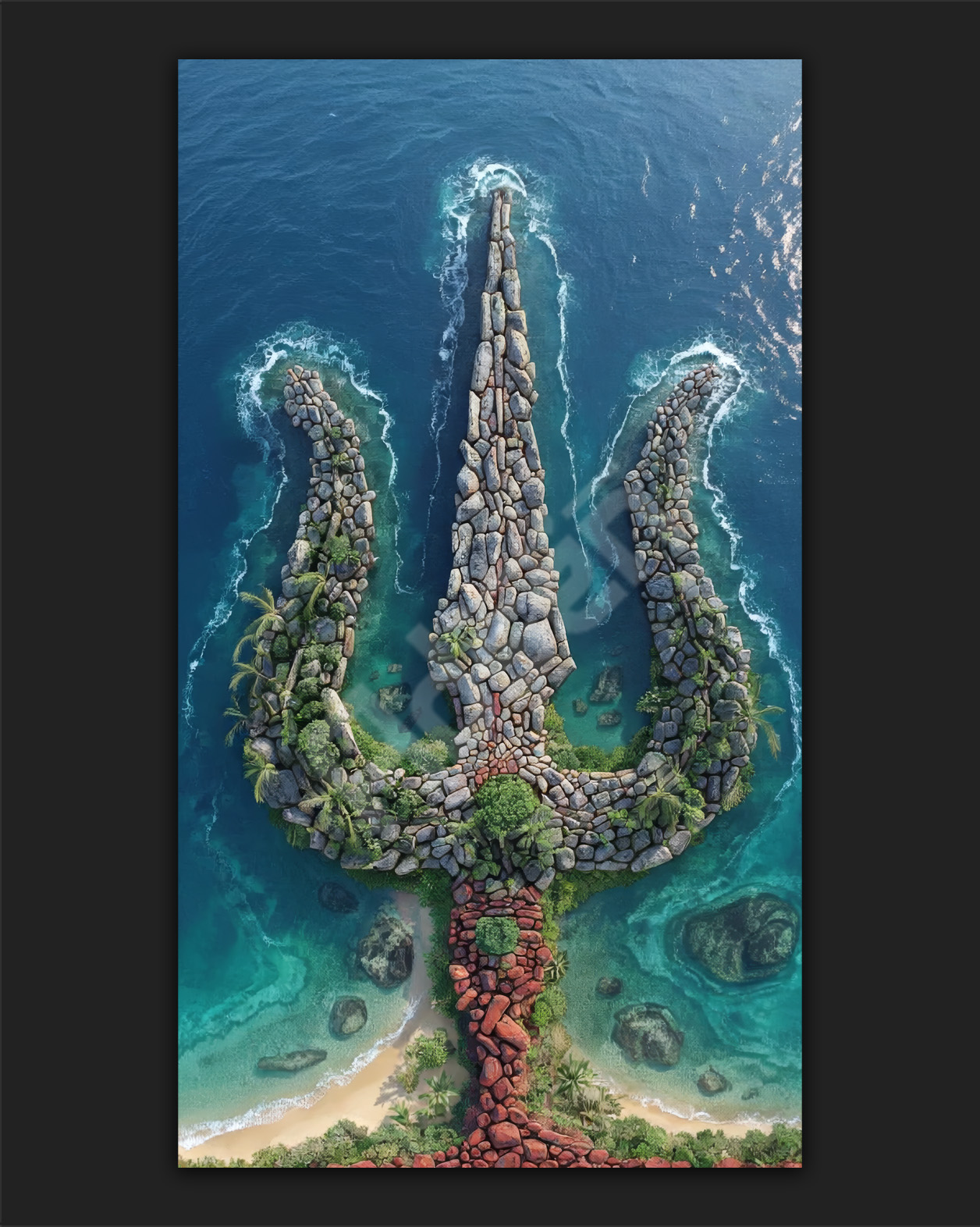 The Sacred Trident: Mythological Tropical Island – Cinematic Aerial Digital Art