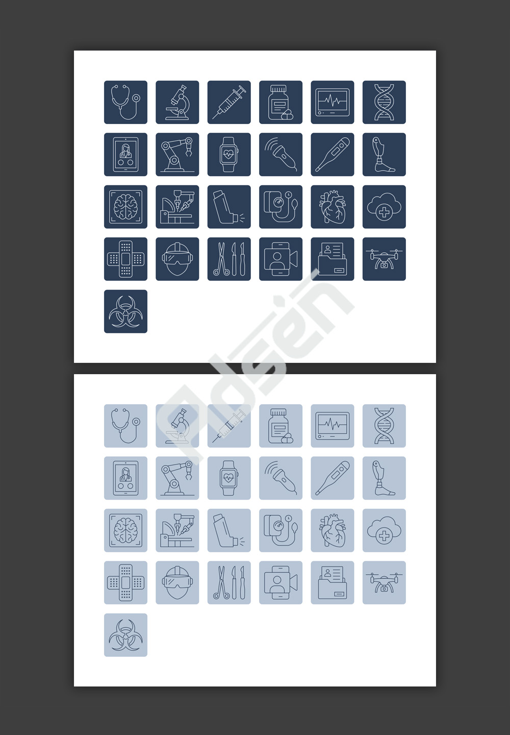 50 MedTech & Digital Health Vector Icon Set – Premium Healthcare UI Kit (Light & Dark Theme)