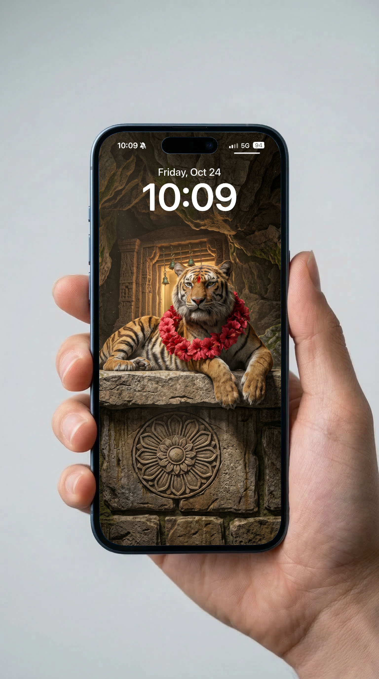 Divine Vahana: Tiger of Mata Sherawali with Sacred Hibiscus Garland – Cave Temple Sanctuary Premium 3D Art