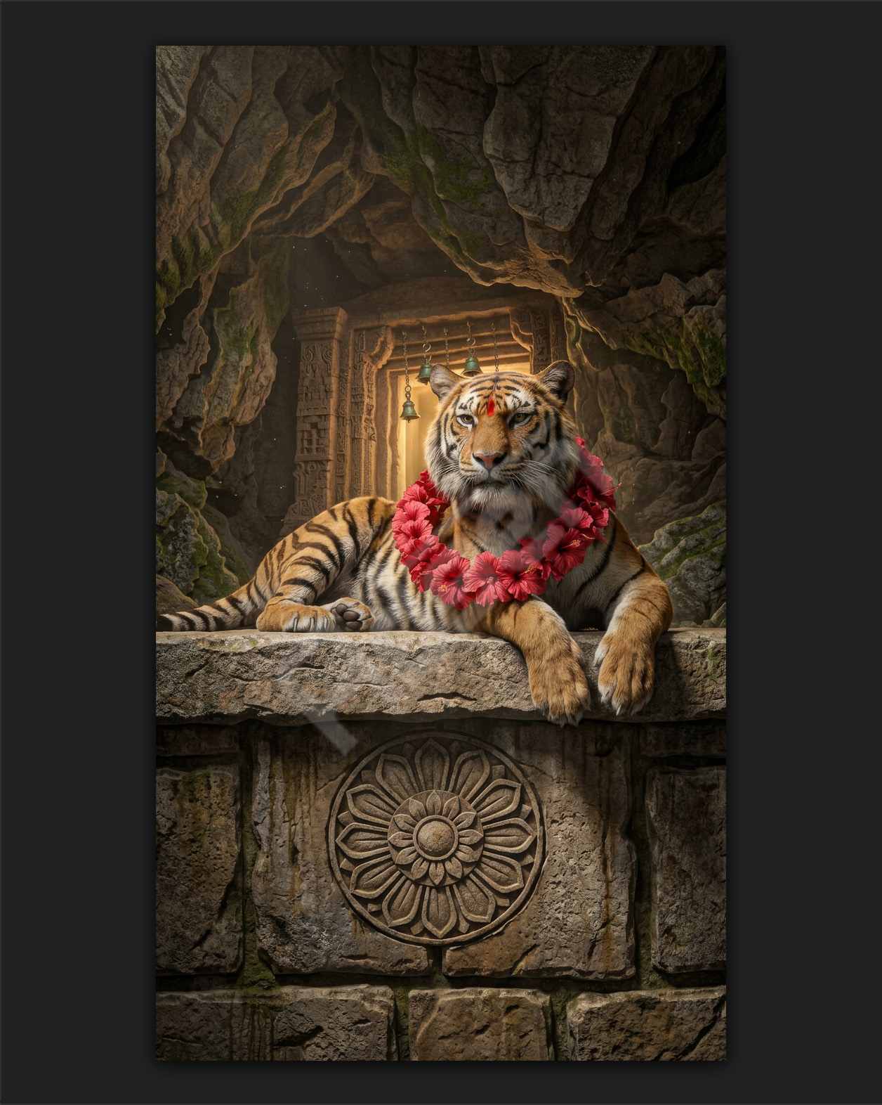 Divine Vahana: Tiger of Mata Sherawali with Sacred Hibiscus Garland – Cave Temple Sanctuary Premium 3D Art