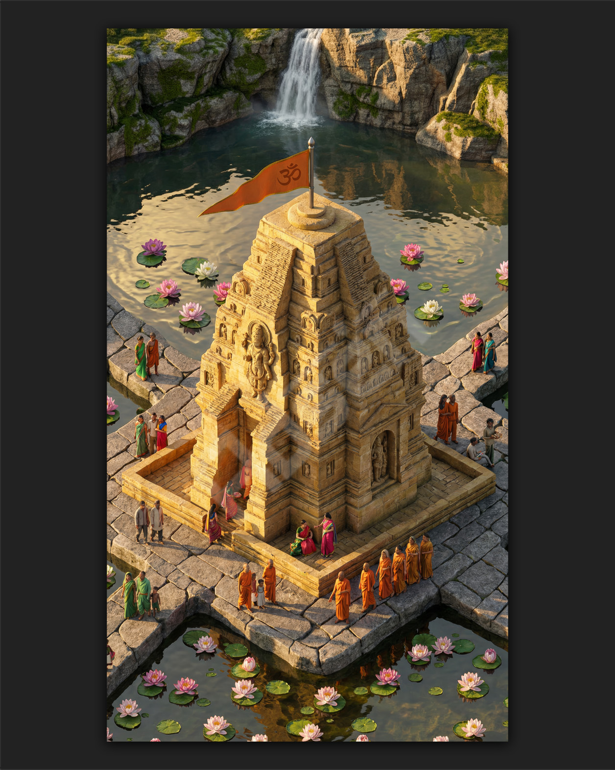 Celestial Sanctuary: Shikhara-Style Lord Vishnu Temple in a Tiered Lotus Oasis – Premium 3D Art