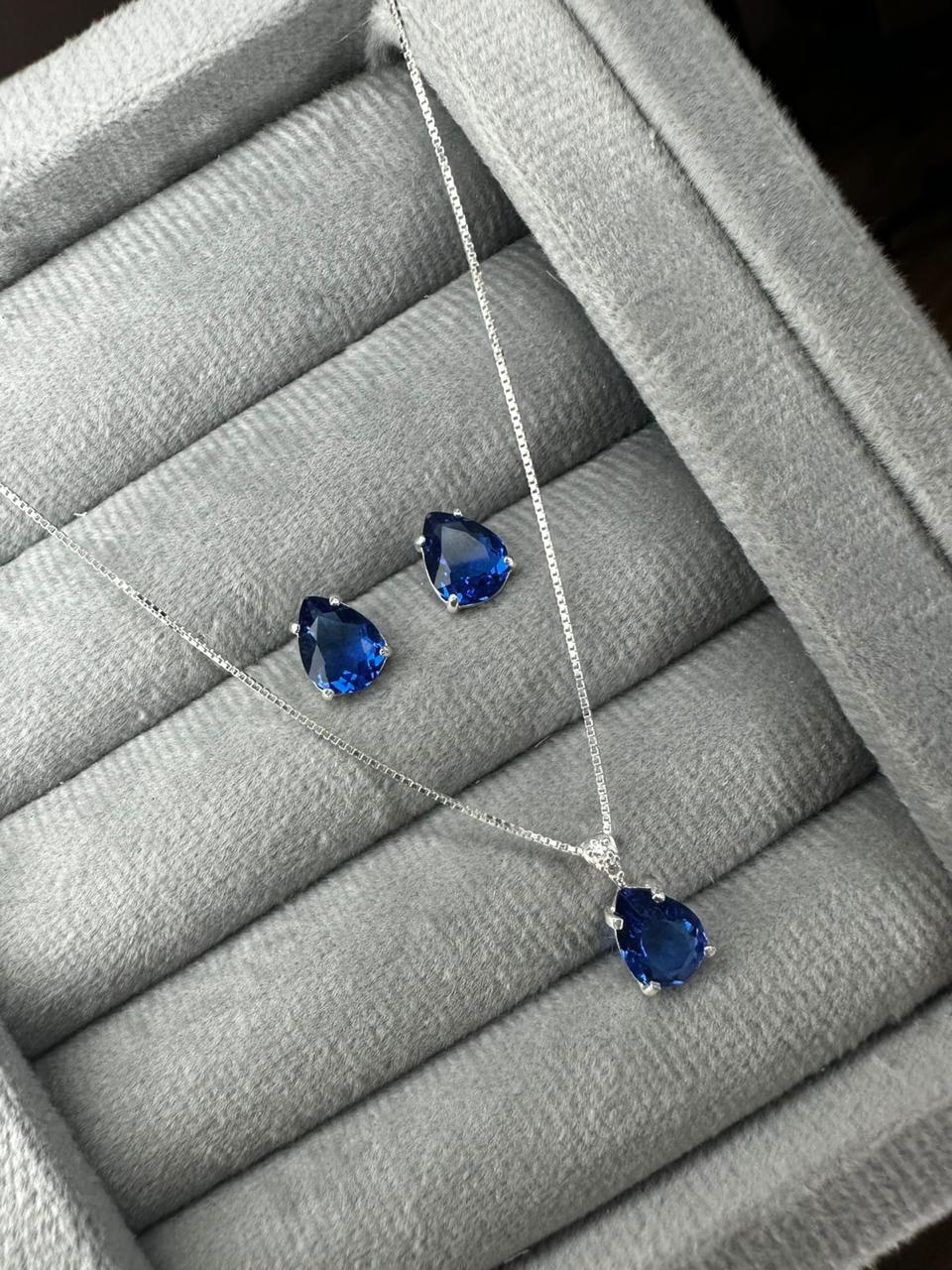 Conjunto Gota Com Zircônia Azul