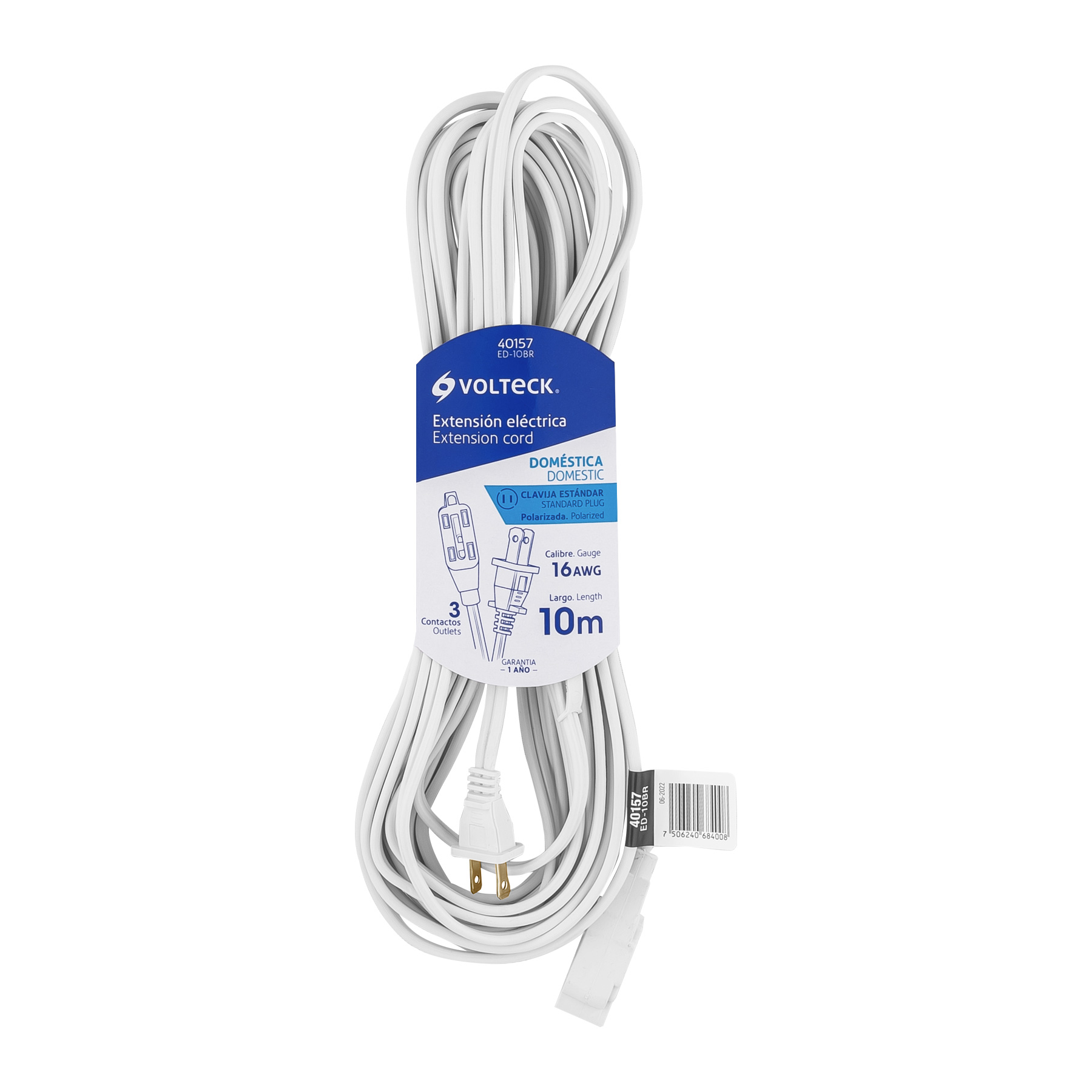 Extensión eléctrica doméstica 10 m clavija recta, blanca