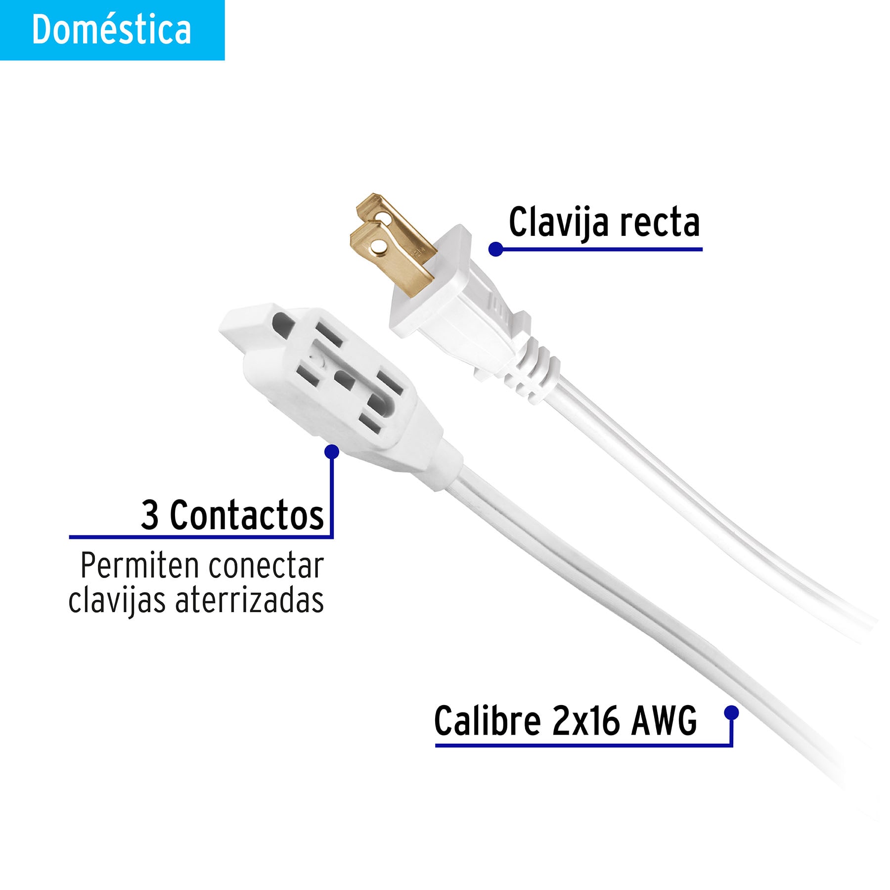 Extensión eléctrica doméstica 6 m clavija recta, blanca