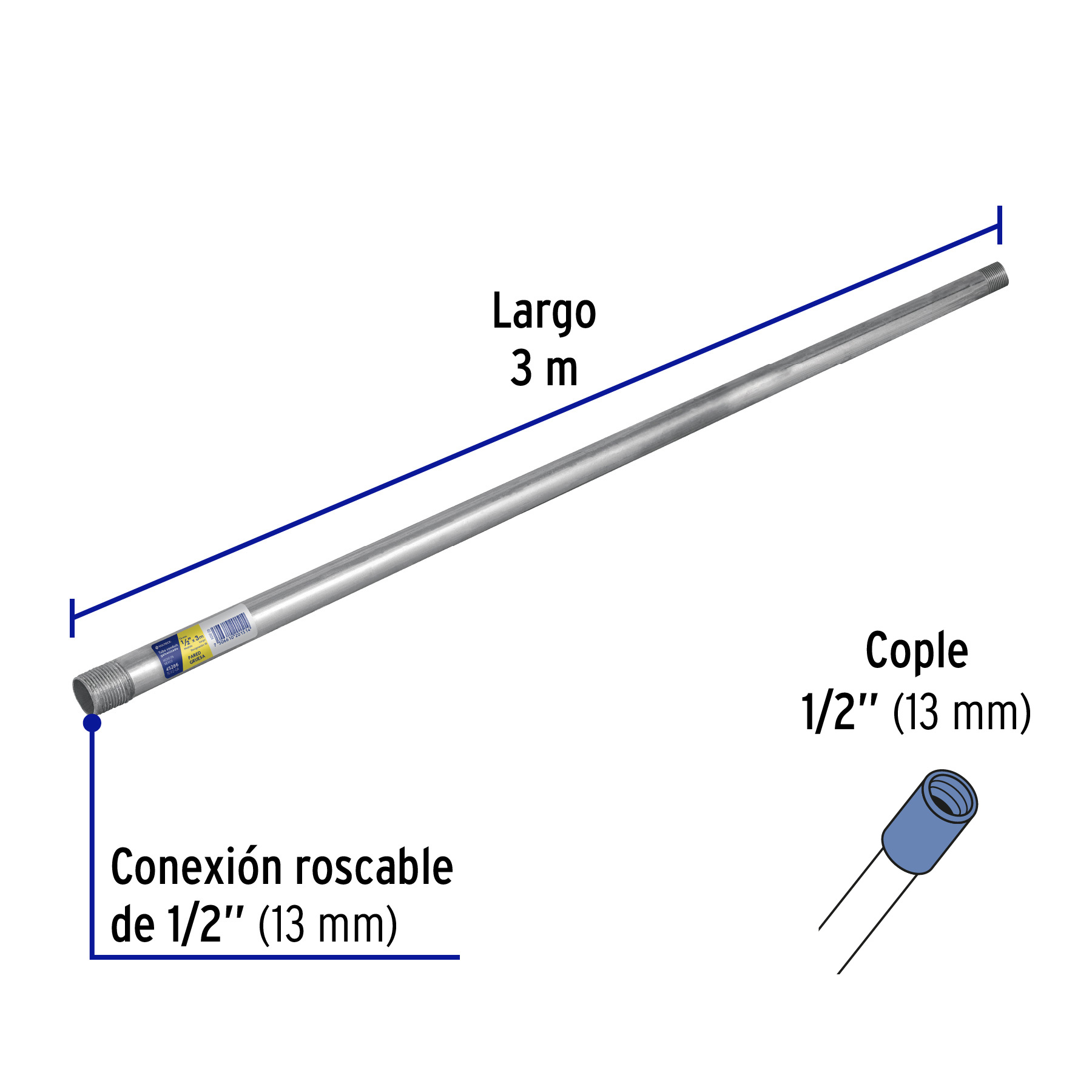 Tubo Conduit 1/2" pared gruesa (1.6 mm), et. amarilla, 3 m