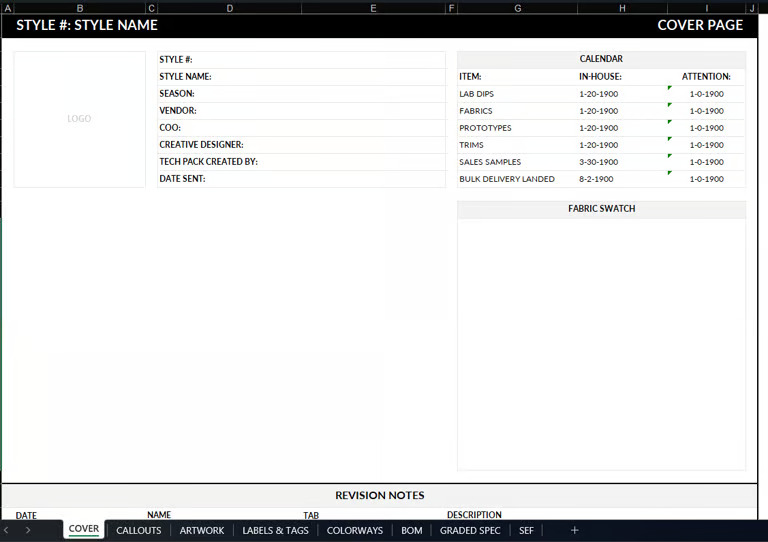 Editable Apparel Techpack Template (Excel + PDF Model)
