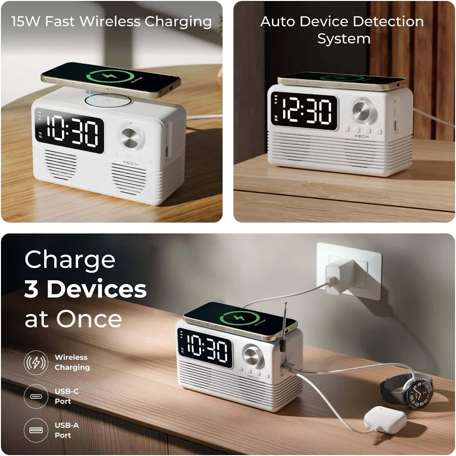 Xech Retro Wireless Charging Clock Speaker