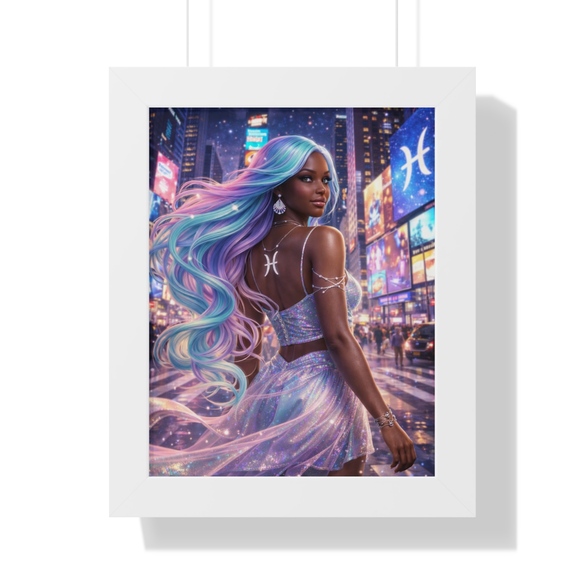 Pisces Zodiac Girl framed vertical poster | Neon City Fantasy Art