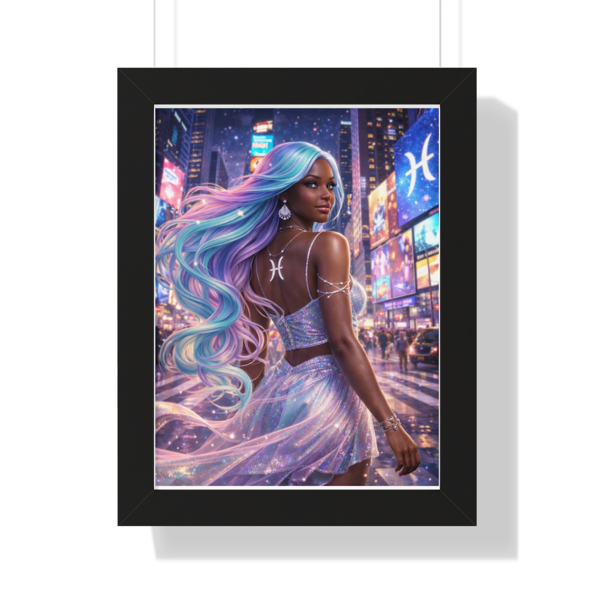 Pisces Zodiac Girl framed vertical poster | Neon City Fantasy Art
