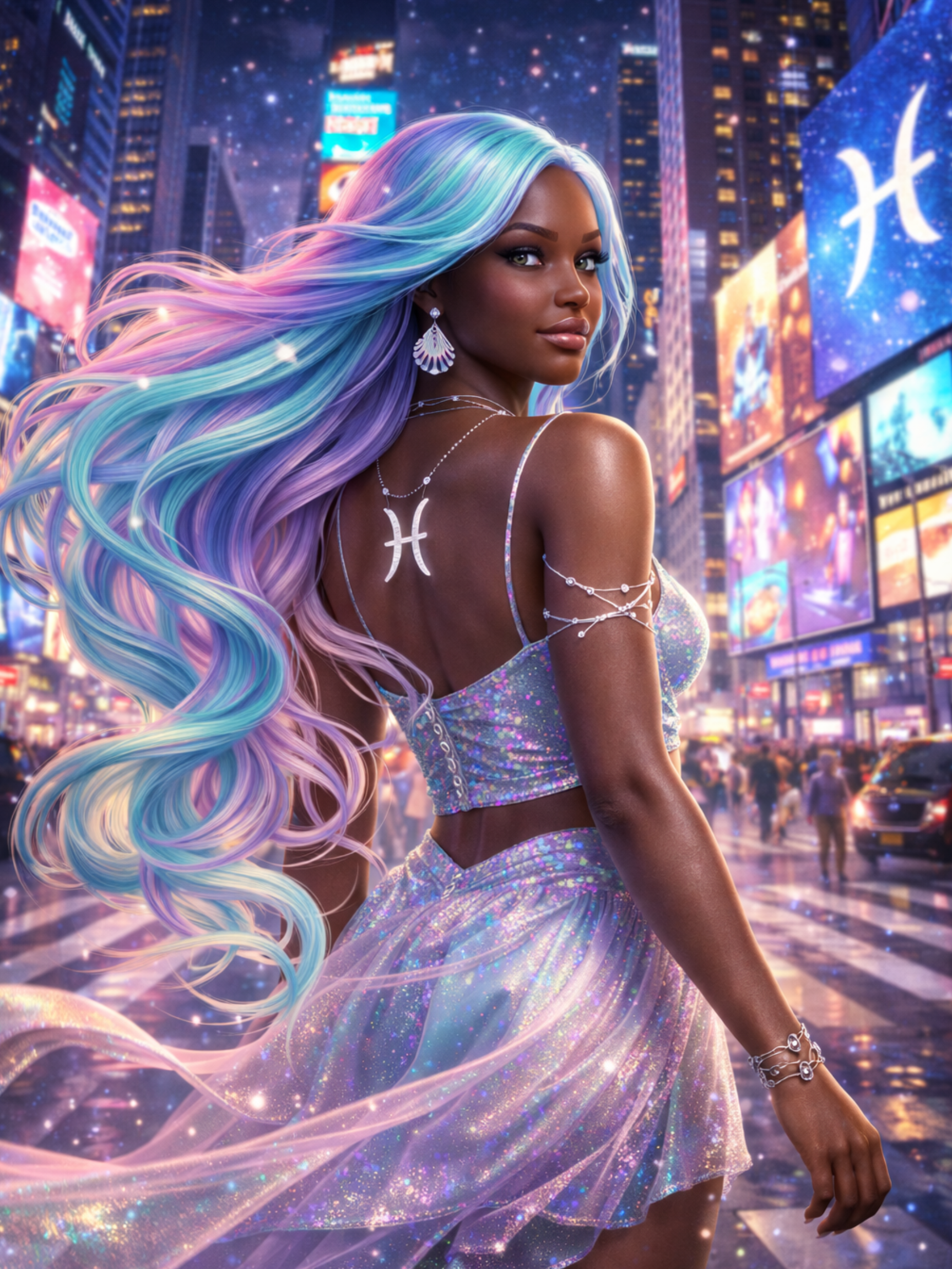 Pisces Zodiac Girl framed vertical poster | Neon City Fantasy Art