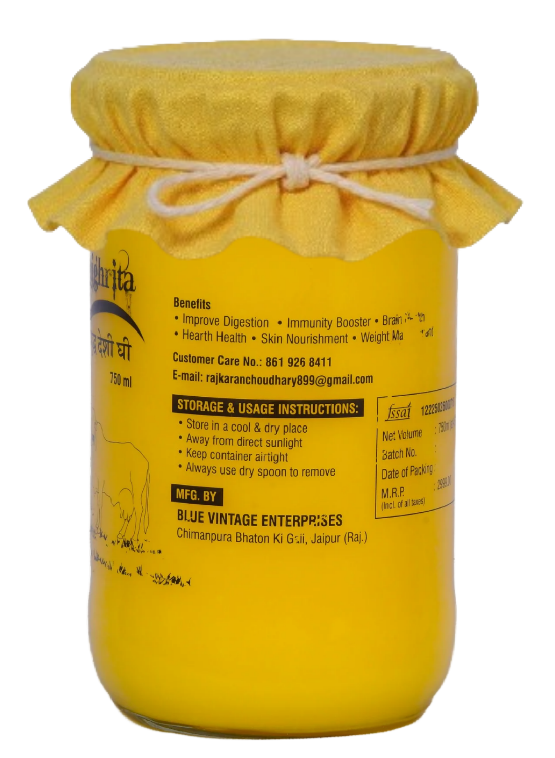 DHIGHRITA Gir Cow A2 Bilona Ghee 750 ML