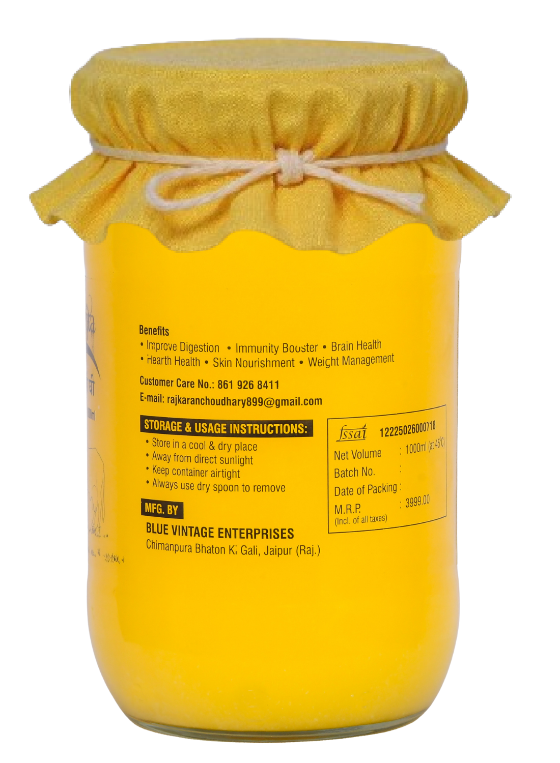 DHIGHRITA Gir Cow A2 Bilona Ghee 1000 ML