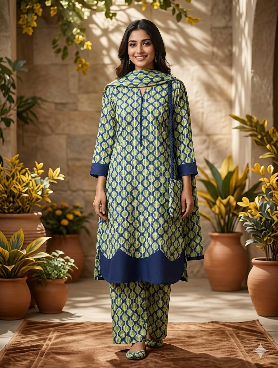 Geometric Print Lawn Suit