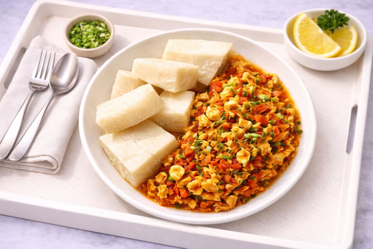 Boiled yam & Egg sauce 