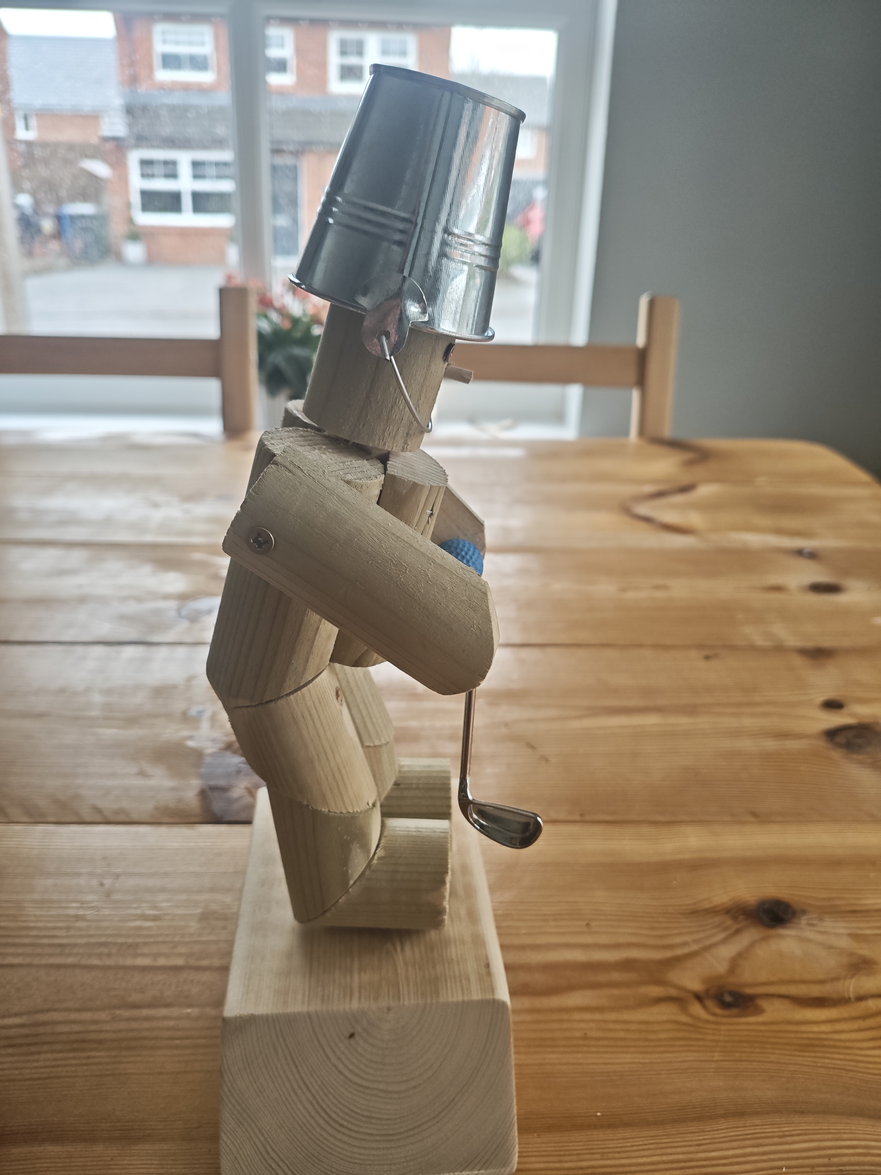 Wooden Golfer Figure with Metal Bucket Hat