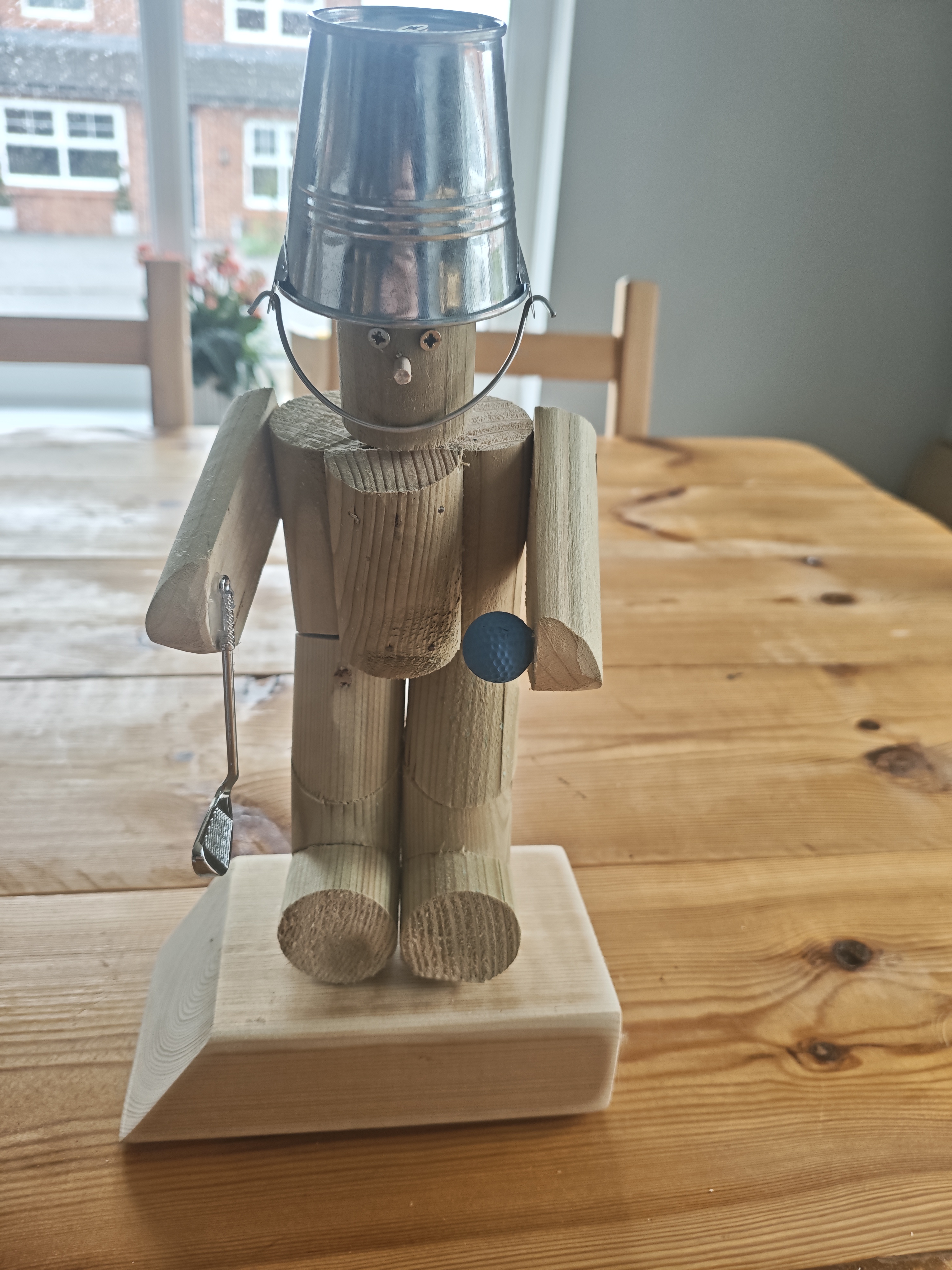 Wooden Golfer Figure with Metal Bucket Hat