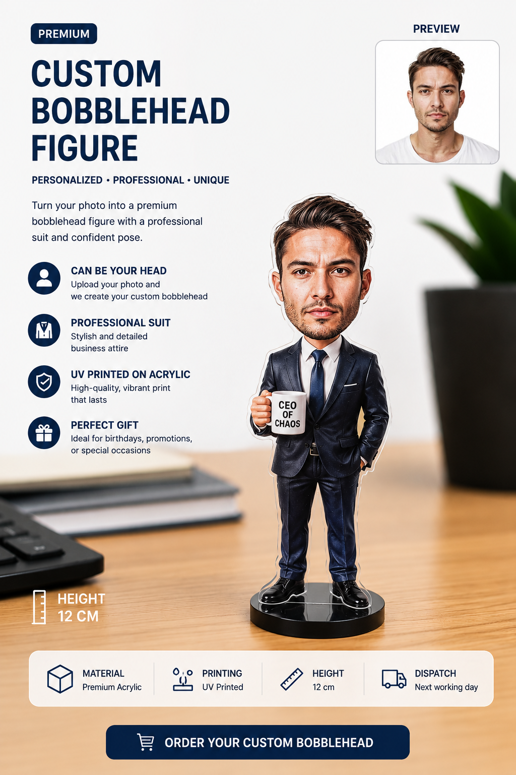 Personalised 2D Acrylic "Mini-Me" Bobblehead - 12cm Custom Photo Standee